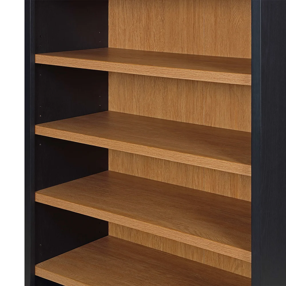Rich Black and Light Honey Open Arched Top 6-Tier Wood Bookcase with 3 Adjustable and 2 Fixed Shelves details
