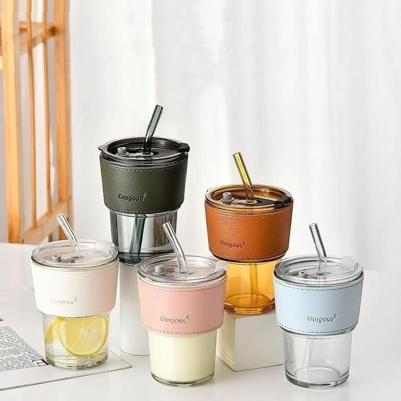 Wholesale Custom Logo Coffee Cup,Hot Sale Portable Glass Coffee Cup Reusable Large-Capacity Juice Milk Mug with Straws &Lids