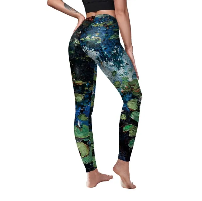 Spring new arrival women's colorful geometry printed mesh leggings gauze see through yoga pants