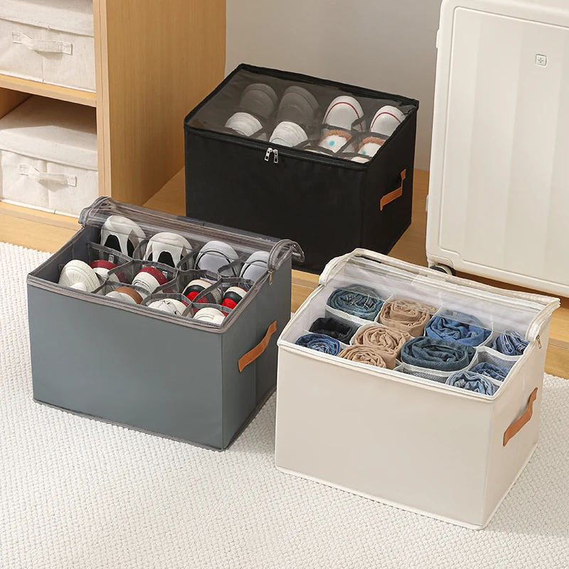 Foldable Space-saving Storage Container Closet Fabric Shoe Storage Bins Shoe Organizer box with Clear Cover