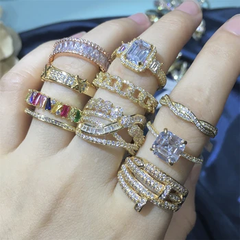 Fashion wholesale american gold plated paved cubic zirconia cuban link baguette eternity ring 14k 18k gold ring woman jewelry