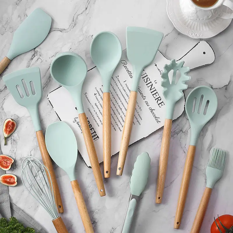 12 Pcs Kitchen Silicone Accessories Tools Kitchenware Silicone Cooking Utensils Set With Wooden Handle