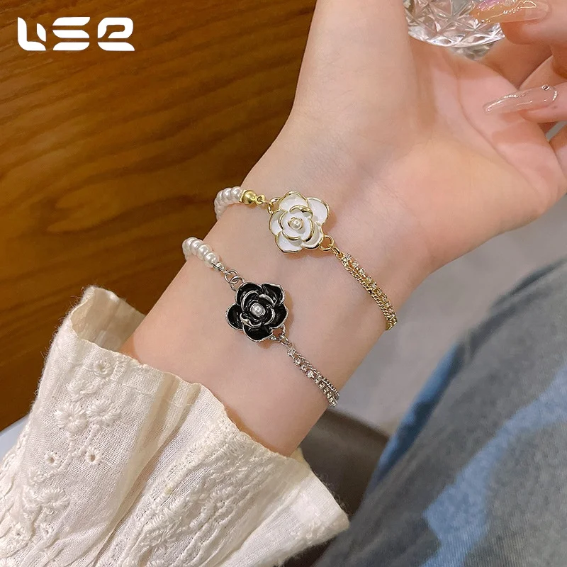 Hot sales in 2024 fashion luxury temperament copper zircon pearl camellia flower bracelets jewelry for women