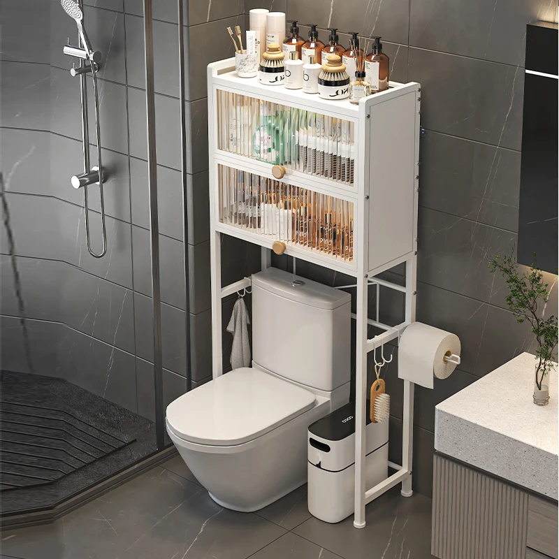 bathroom With cabinet door over Toilet storage rack paper roll organization holder 3 Tier Metal towel Bath Products shelf