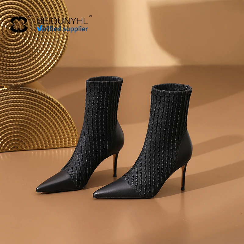 genuine leather fashion elastic force thin high heel Women's shoes pointed toe black sexy knit sock ankle boots for