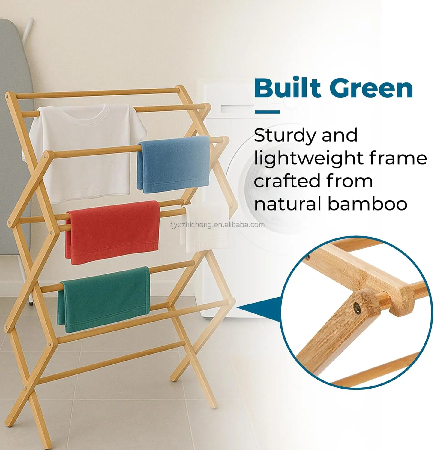 product bamboo drying rack sturdy foldable floor mount space saving portable clothes towels blankets-4