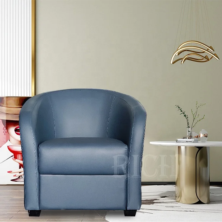 blue leather barrel chair