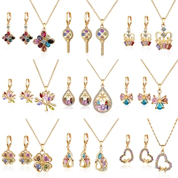 New style jewelry 18k gold plated colorful cubic zirconia wedding cheap necklace and earring sets