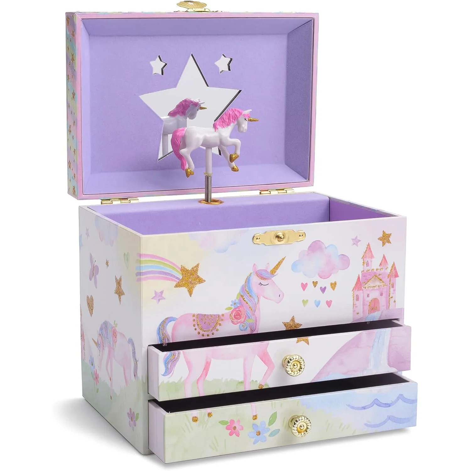 Ever Bright High Quality Promotional Gift Unicorn Little Queen Dancing Ballerina Wooden Jewelry Music Box With 2 Drawers