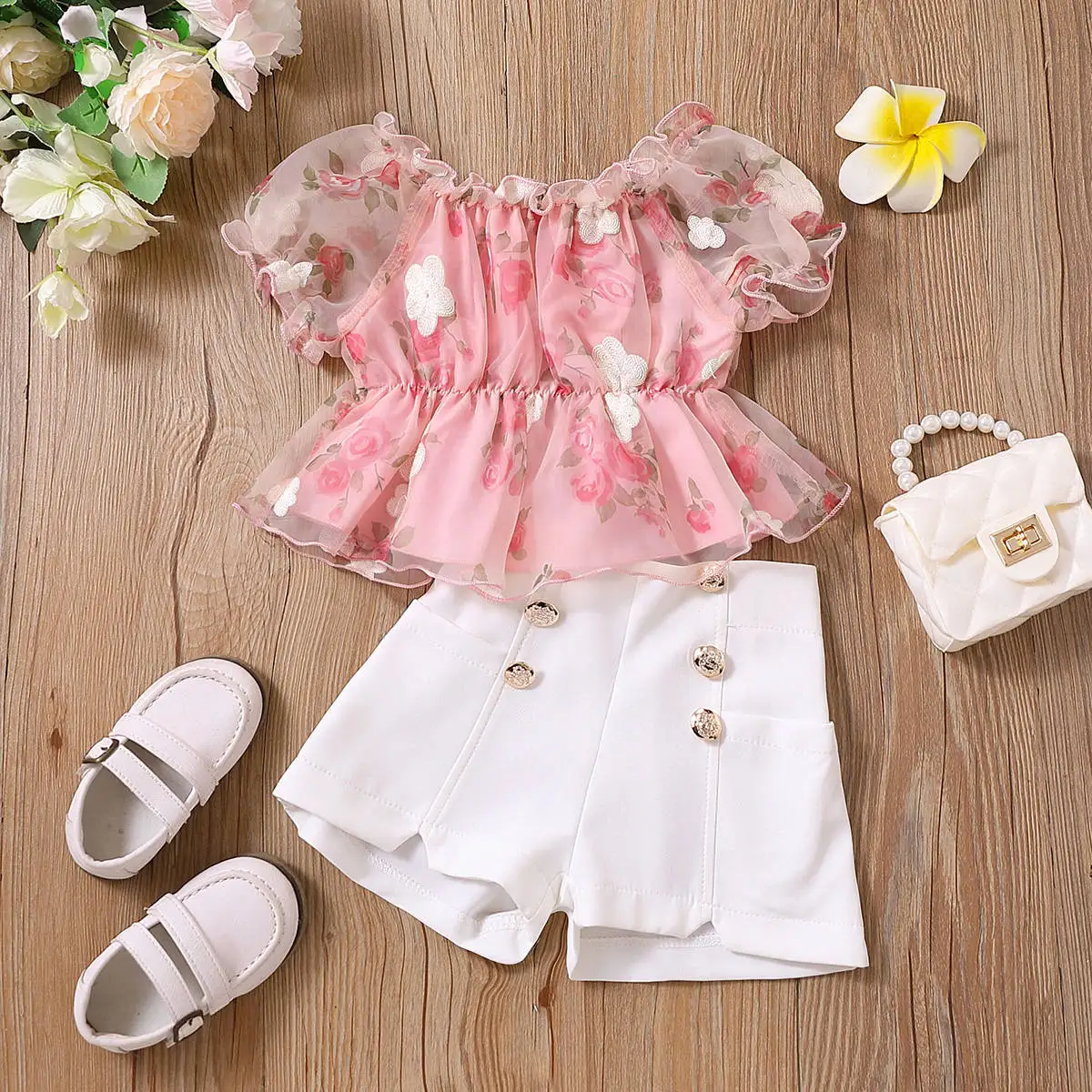 RTS 2023 kids clothing princess little girls printing embroidery lace bubble sleeve tops button shorts two piece girl's set