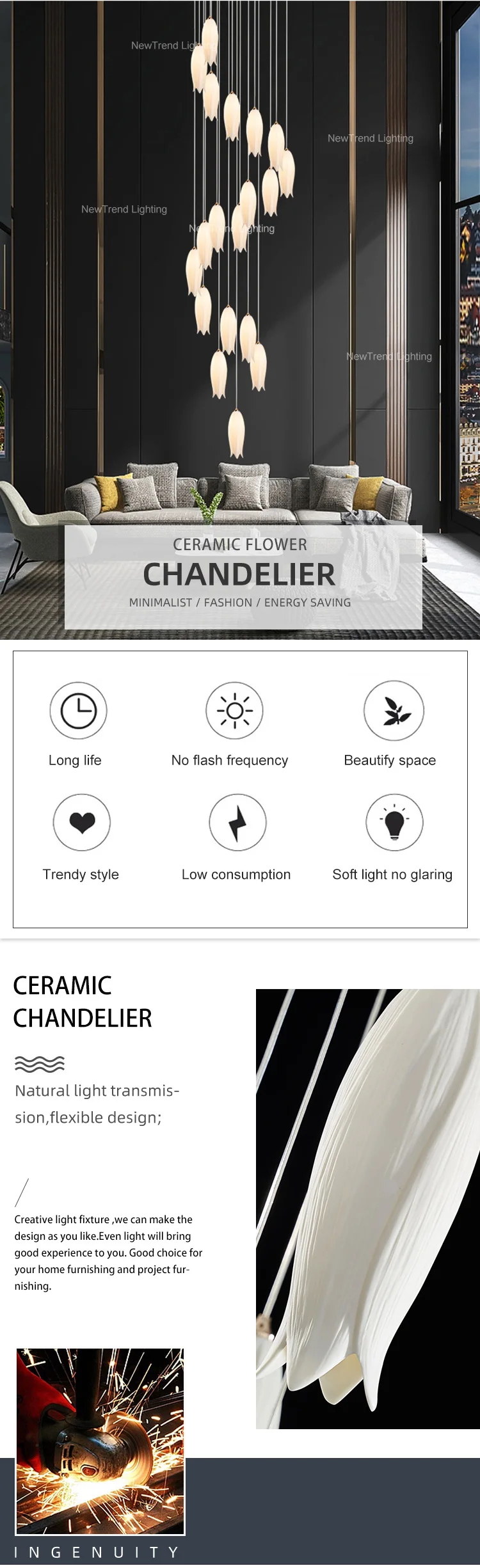 CPL-180Modern Design Indoor Decoration LED Lighting Flower Modleling Villa Staircase Ceramic Custom Chandelier manufacture