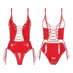 Amazon Hot Sale Women Adjustable Spaghetti Strap Patent Leather Bodysuit Lace-up Catsuit Clubwear