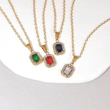 Fashion Jewelry Elegant Red Blue Green Heart Diamonds Pendant Necklace Waterproof Stainless Steel Trend Necklace Wholesale