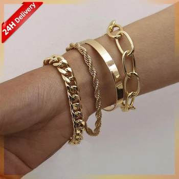 HOVANCI Vintage 14K Gold Plated Bracelets Bangles Set Charm Gold Bracelet For Women Jewelry Accessories