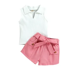 2023 kids girls summer sets baby solid color sleeveless lapel ribbed tops short 2pcs casual outfits children clothes
