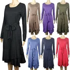 Skirt Women's Solid Color Long Sleeve Ruffle Skirt Middle Waist Lace Up Middle Long Dress