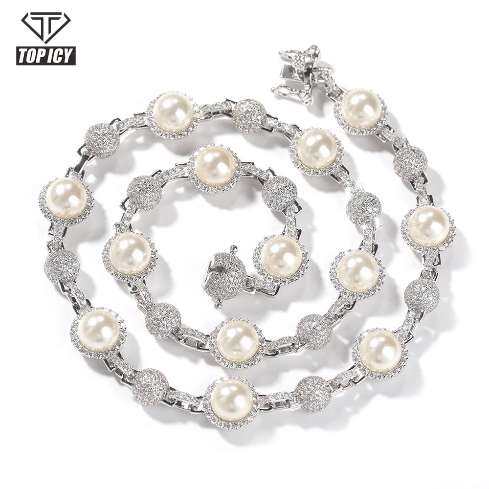 Top Icy  Hip Hop 13mm Pearl Tennis Necklace Full Diamond Chain Bracelet 18k Gold Plated Diamond Necklace for Women