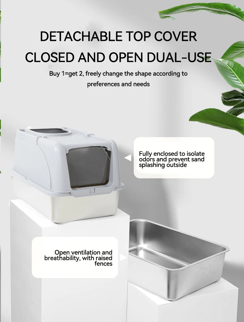 New Super Large Space Stainless Steel Cat Litter Box Fully Enclosed Open 2-in-1 High Fence Cat Litter Box Pet Products supplier