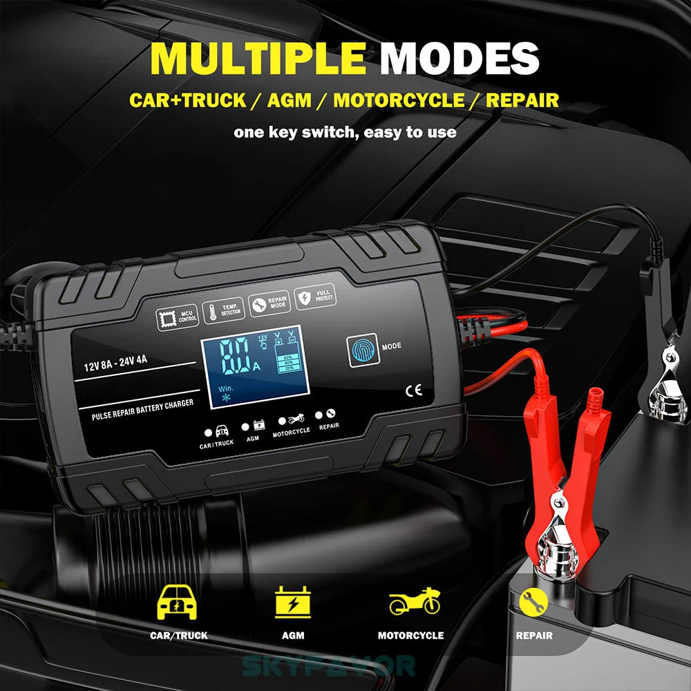 Universal truck car battery charger 12V 24V 8A automatic Maintenance-free gel agm dry wet deepcycle pulse repair battery charger