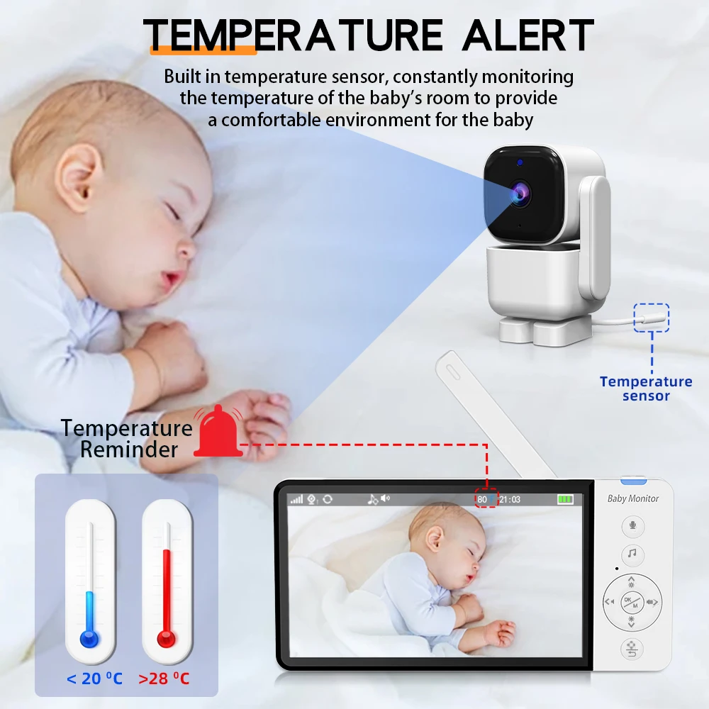 New Baby monitor camera 5 Inch 720P Night Vision Cry sound Feeding Reminder Temperature Detection 5000mah Battery Baby Monitor