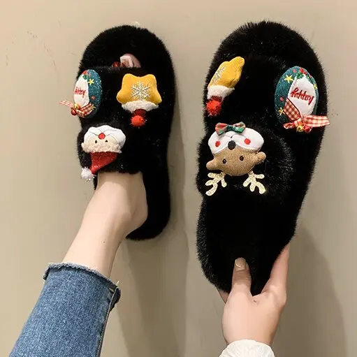 Hot selling women indoor cute fashion christmas fluffy cozy winter warm soft slippers