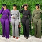 Pants 2021 Long Sleeve Stacked Solid Women ClothingTwo Piece Pants Plus Size Set