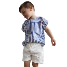 High quality casual stripes short sleeved T-shirt and linen shorts summer beach holiday 2 pieces sets boy clothing sets