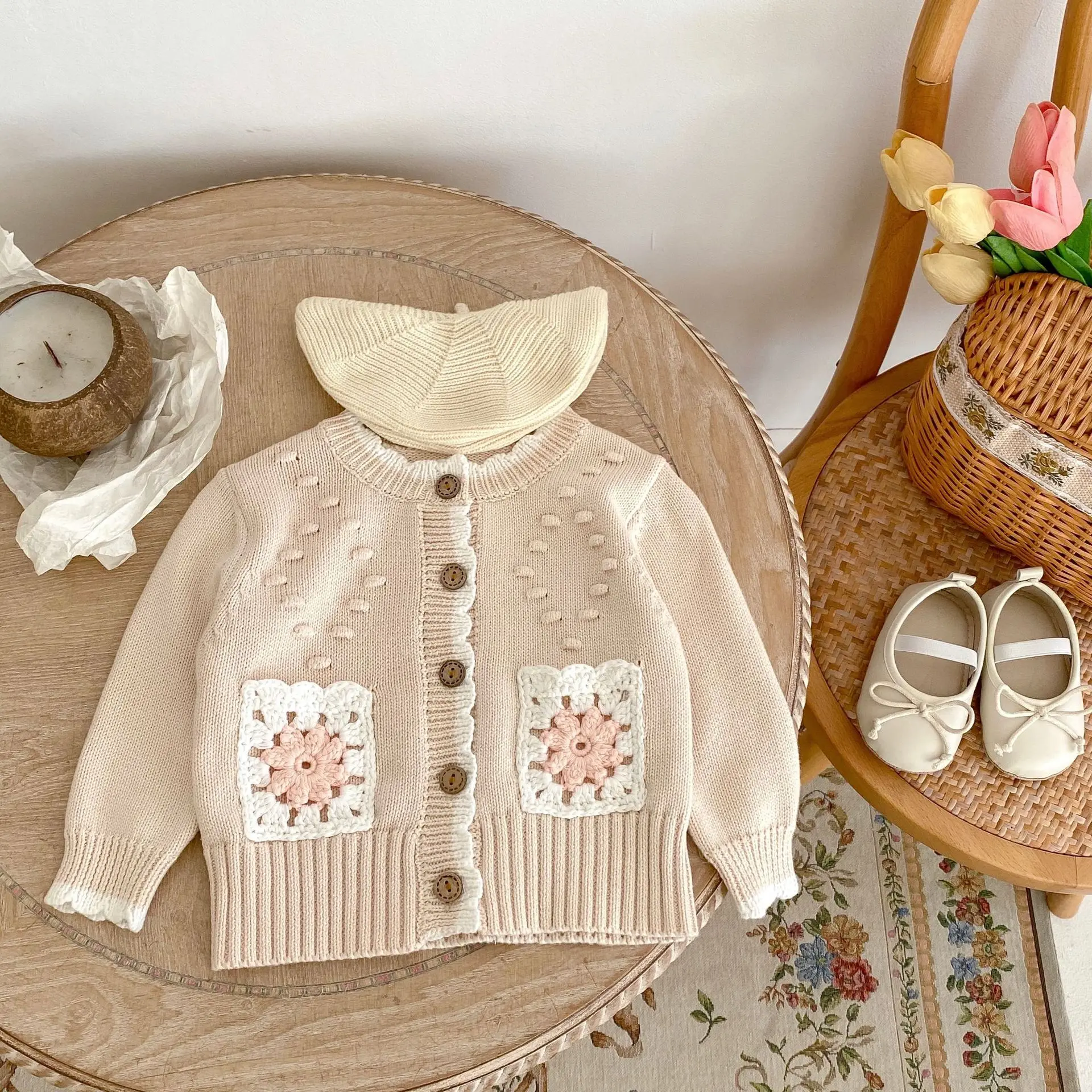 Engepapa Autumn Infant Clothing Cotton Girls' Knitted Cardigan With Pockets Long Sleeve Baby Coats