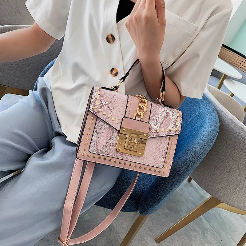 Wholesale fashion designer lock snakeskin pu leather ladies hand bag shoulder crossbody women custom purses and handbags