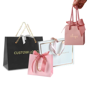 Personalised luxury brand boutique gift packaging customised small size black jewellery paper bag with logo