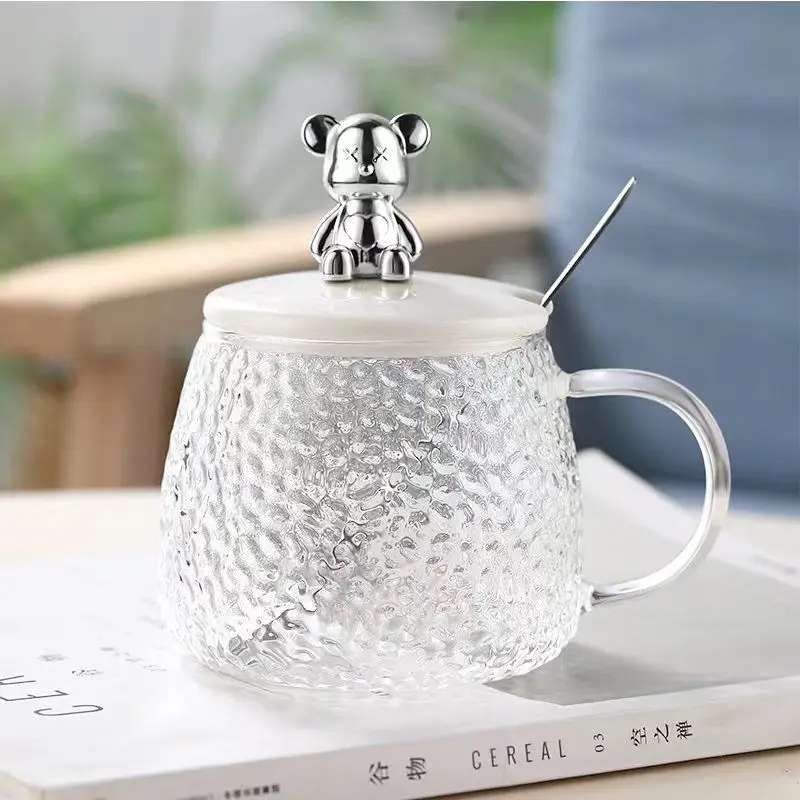 Wholesale Cute Glass Coffee Mug Clear Large Capacity Milk Cup With Handle And Cartoon 3d Bear Silicone Lid