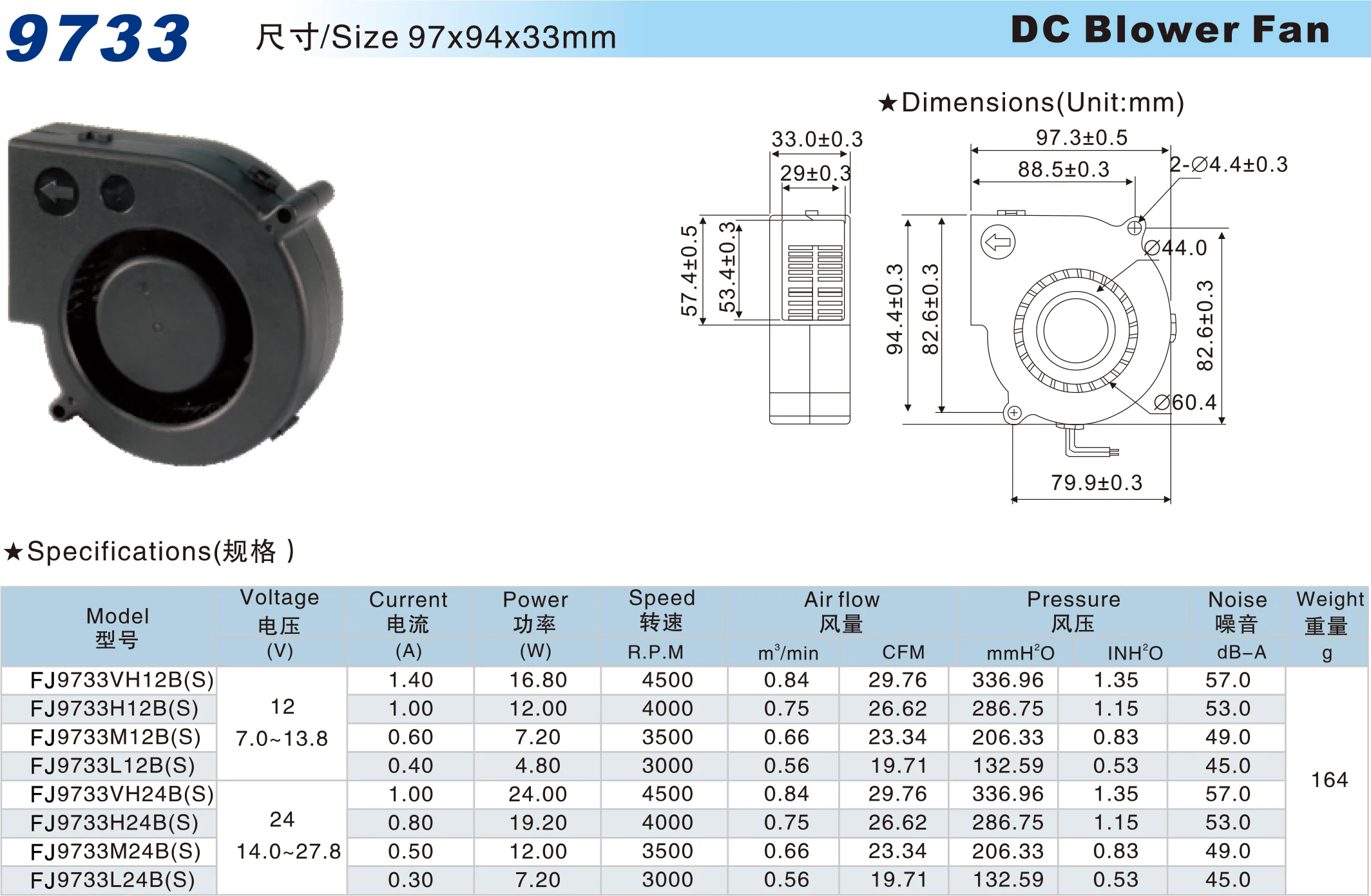 Axial Blower, 97x97x33mm, 12V, 24V, Plastic - detail 2