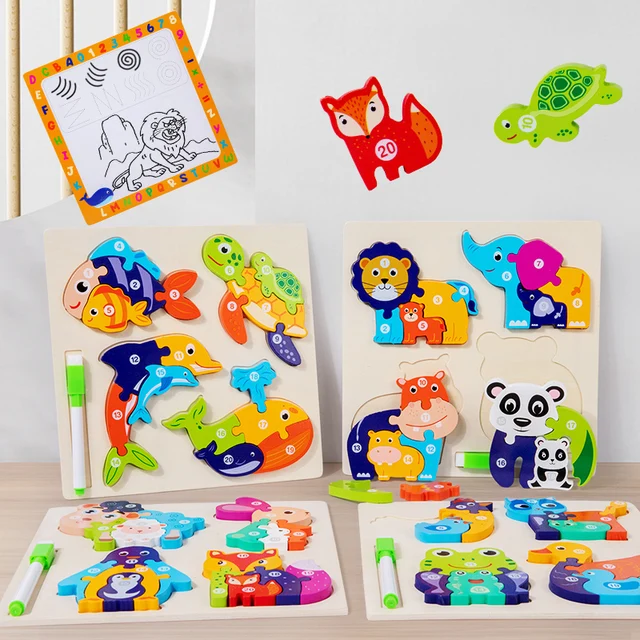 Multifunction Wooden Children Cartoon Animal Figures 3D Puzzle Board Games DIY Baby Education Drawing Toys For Kids Boys Girls