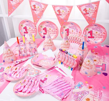 Hot Sale Girls Pink Baby Party Hat 1st Birthday Favors Themes Banner Party Set Baby 1st Birthday Party Decorations For Kids