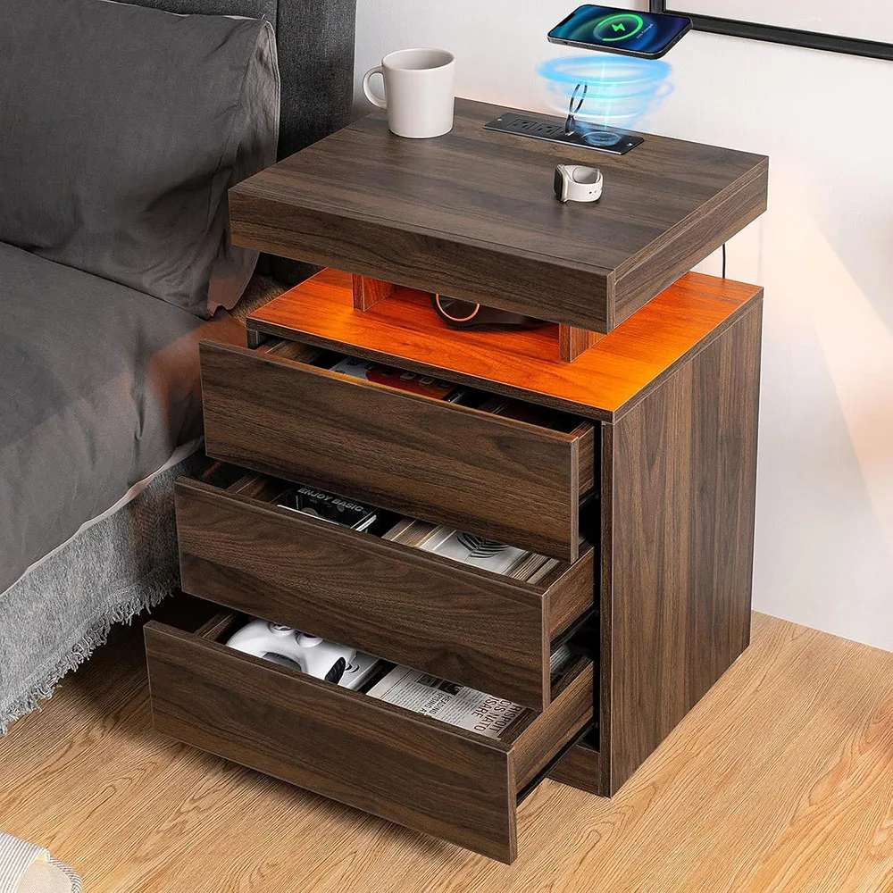 Nu-Deco Modern LED Nightstand Wireless Charging Station USB Ports 3 Drawers RGB Adjustable Brightness High Gloss Bedside Table supplier