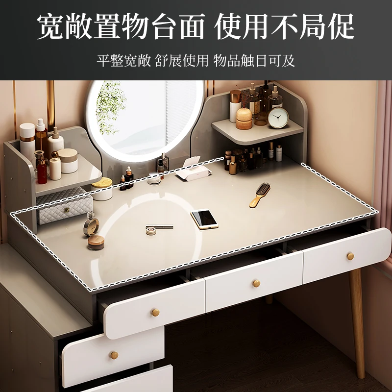 Modern Nordic Wooden Multifunction Ladies Vanity Table in Bedroom with Led Light makeup Mirror Storage