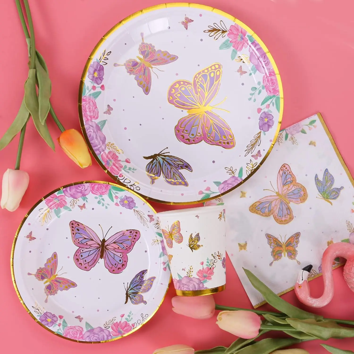 Atonofun Butterfly Birthday Party Supplies Butterfly Party Plates Cups Napkins Butterfly Party Tableware for Baby Shower