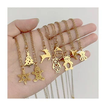 18K Gold Plated Stainless Steel Christmas Jewelry Snowflake Gingerbread Man Elk Santa Claus Christmas Tree Pendant Necklace