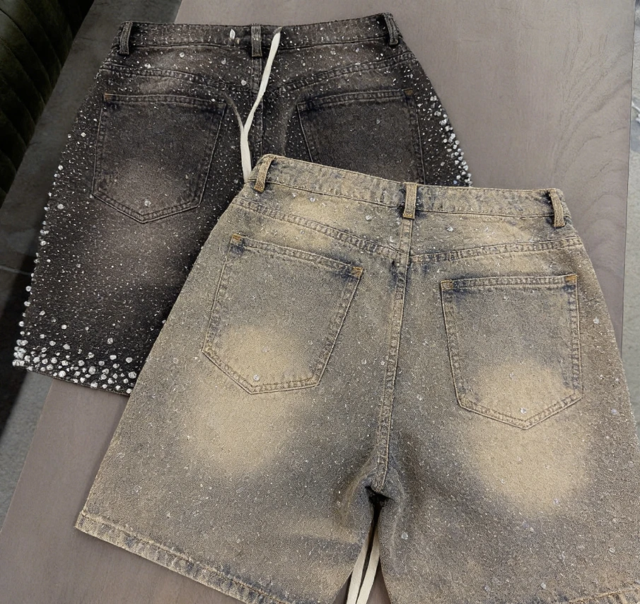 Custom Logo Front Manufacturer Streetwear Vintage Wash Mid Waist Button Fly Cargo Print Men's Jeans Shorts Rhinestones Denim details