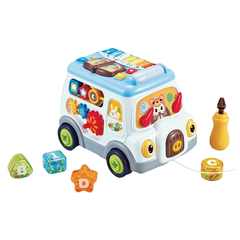 Hand eye training baby product musical educational bus multifunctional montessori toy with piano