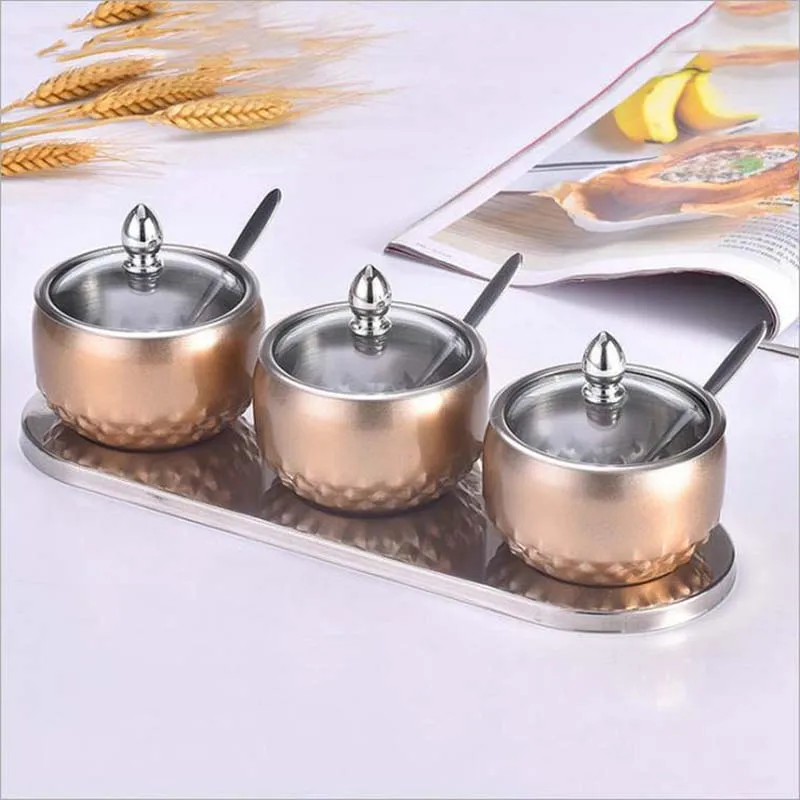 High quality Eco Friendly glass lid with spoon stainless steel kitchen spice jars spice jars with plate spice jar