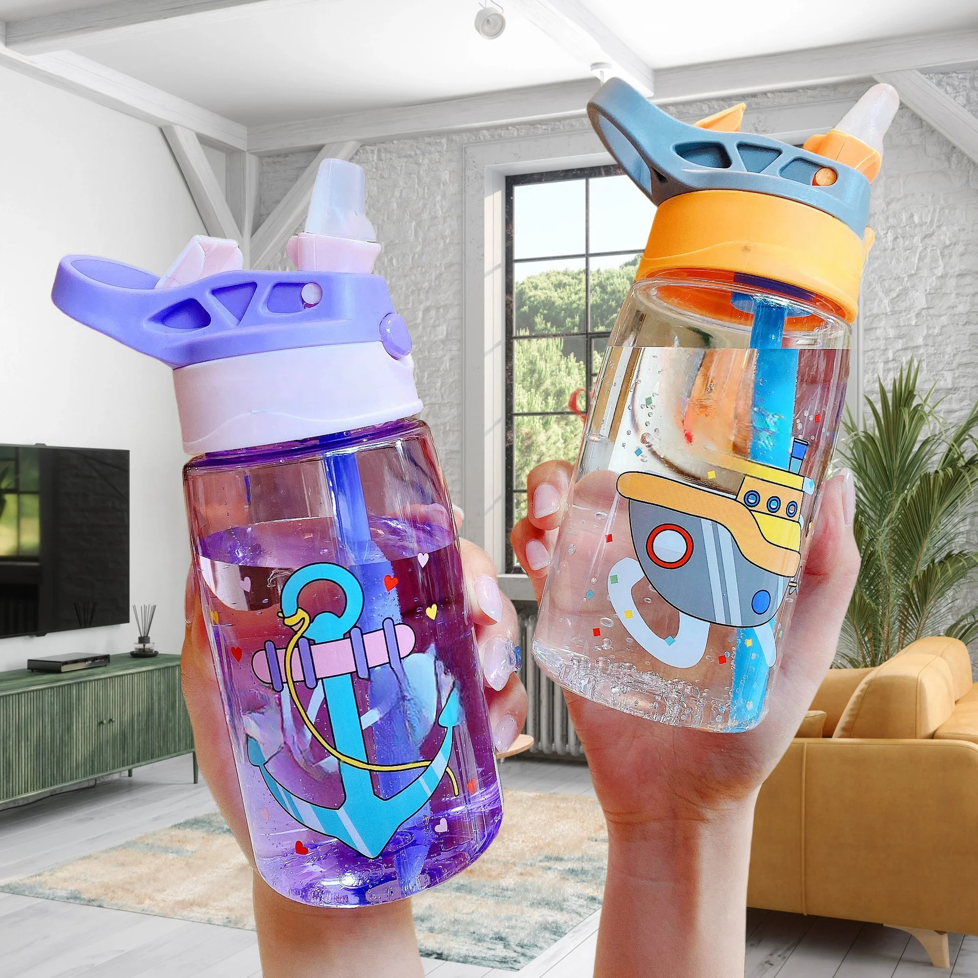 Hot Selling eco friendly Children's Cup 480ml Plastic Kids Water Bottle Cute Printing Child Drinking Water Bottle With Straw