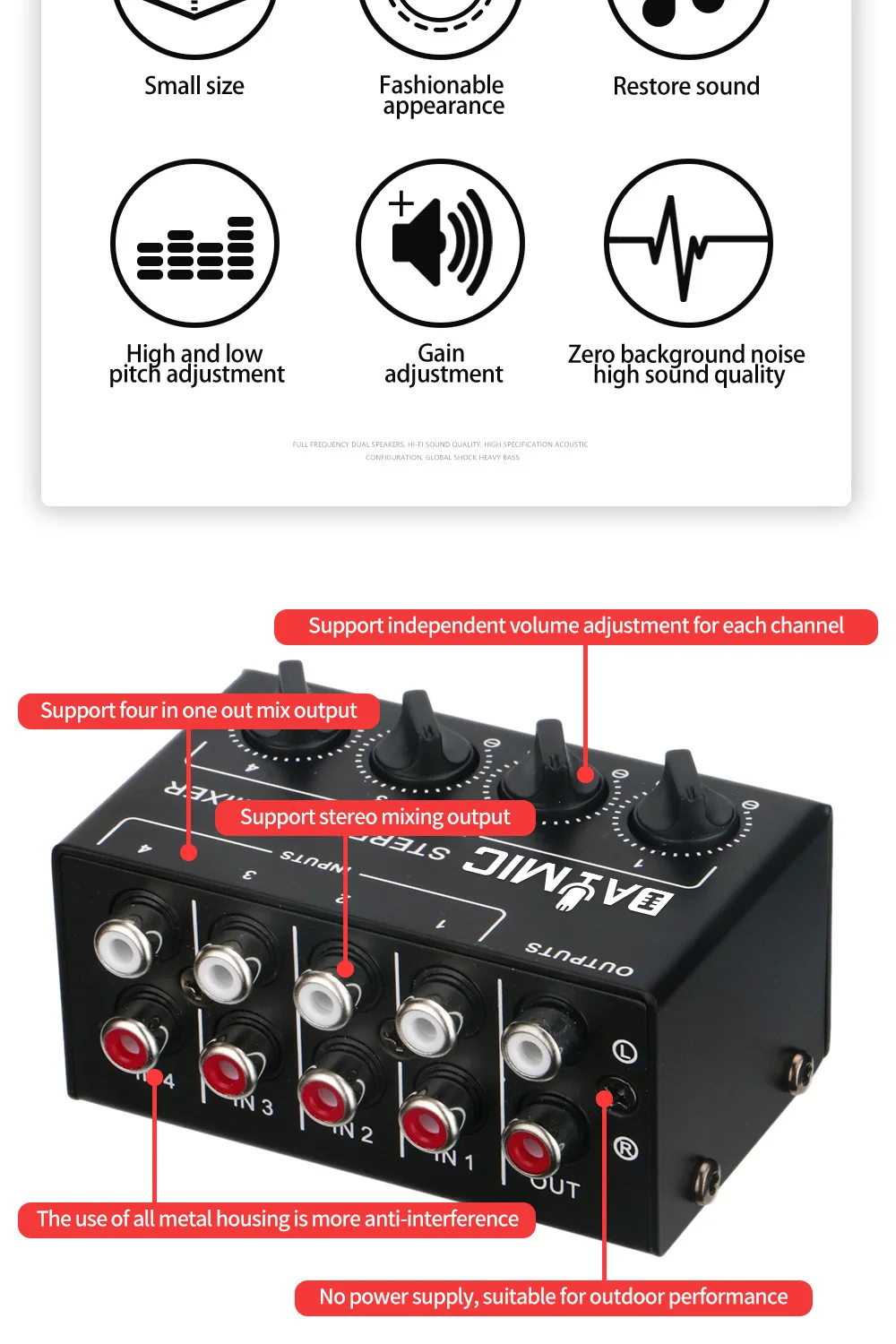 DAYMIC OEM Professional 4 Channel Passive Mini Broadcast Stereo Mixer Audio Sound Mixer Console