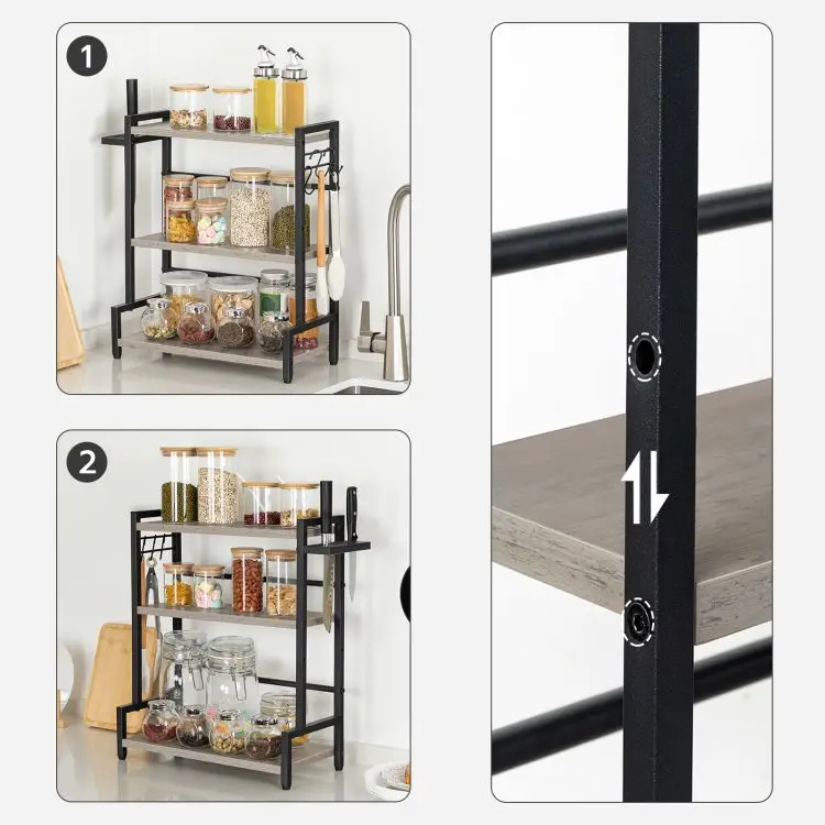 Wholesale Industrial Style Kitchen Storage Organizer Wooden Metal 2/3 Tier Spice Rack with 3 Hooks Spice Rack with Knife Holder