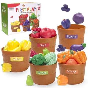 30pcs funny pretend play food set color sorting set play pretend toys fruits and vegetables with bucket kid kitchen toy for baby