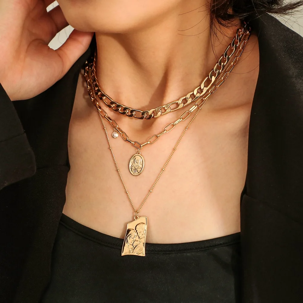 Irregular fashion portrait  embossed shield pendant all matching pearl coin clavicle chain multi layer necklace