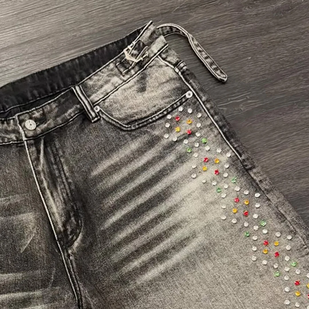 product high end custom street color rhinestone dtg digital print denim shorts hotfix rhinestone embroidery men retro washed shorts-5