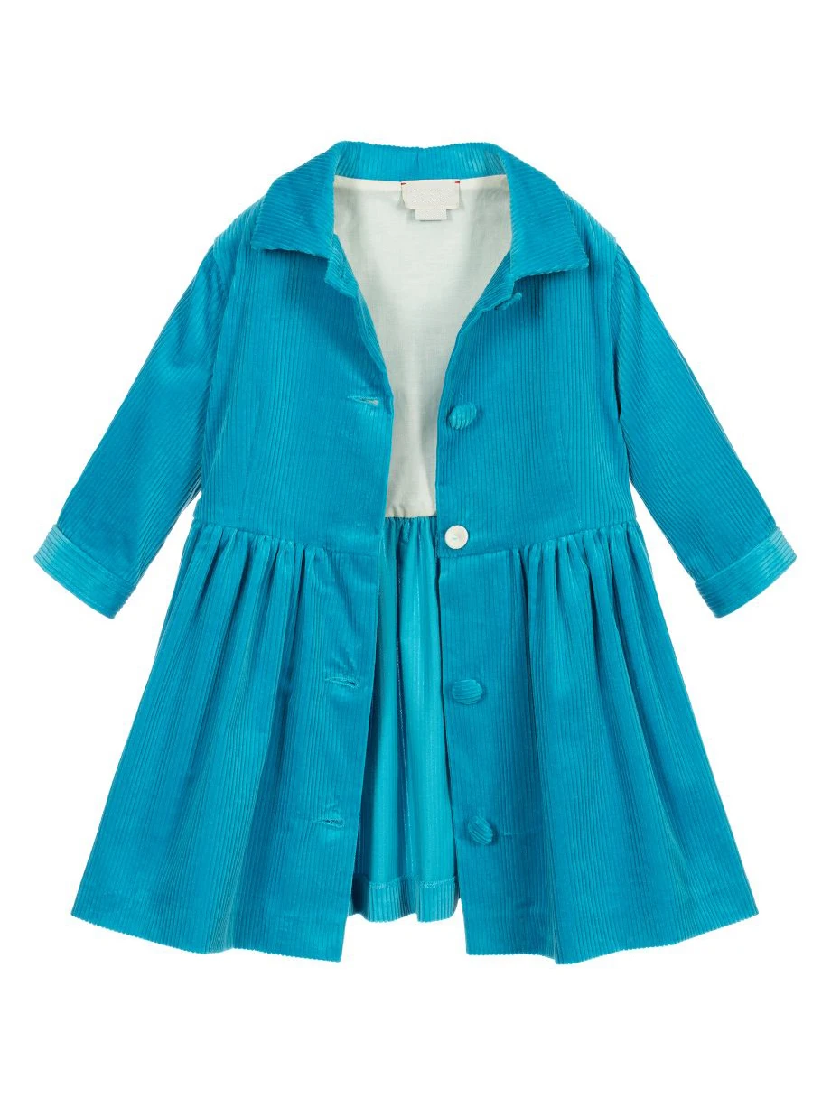 Custom brand bright blue girls corduroy dress for kids front button down toddler girls dresses with Belt
