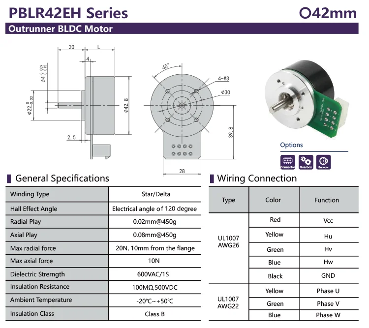 External Rotor Motors, 42mm, Brushless, 12V, 24V - detail 6