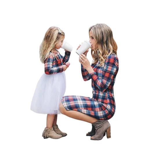 Boutique high quality family matching outfits multi-colors long sleeve mommy and me plaid dresses
